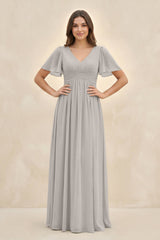 Short Sleeve Chiffon V - Neck A - Line Bridesmaid Dress in Silver - KISS BRIDAL Bridesmaid Dresses