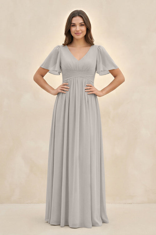 Short Sleeve Chiffon V - Neck A - Line Bridesmaid Dress in Silver - SHE IS ME Bridesmaid Dresses