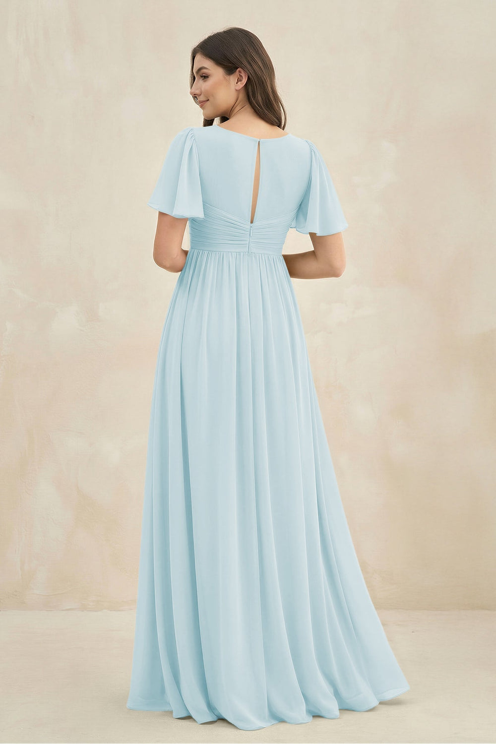 Short Sleeve Chiffon V - Neck A - Line Bridesmaid Dress in Sky Blue - KISS BRIDAL Bridesmaid Dresses