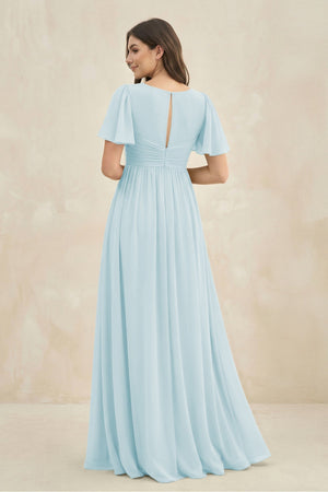 Short Sleeve Chiffon V - Neck A - Line Bridesmaid Dress in Sky Blue - SHE IS ME Bridesmaid Dresses