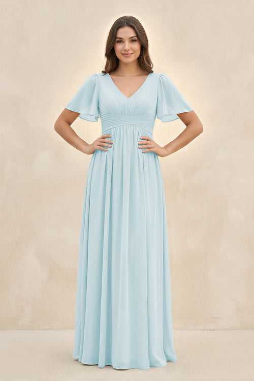 Short Sleeve Chiffon V - Neck A - Line Bridesmaid Dress in Sky Blue - SHE IS ME Bridesmaid Dresses
