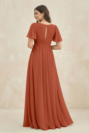 Short Sleeve Chiffon V - Neck A - Line Bridesmaid Dress in Spice - SHE IS ME Bridesmaid Dresses