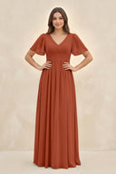 Short Sleeve Chiffon V - Neck A - Line Bridesmaid Dress in Spice - SHE IS ME Bridesmaid Dresses