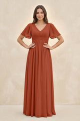 Short Sleeve Chiffon V - Neck A - Line Bridesmaid Dress in Spice - KISS BRIDAL Bridesmaid Dresses
