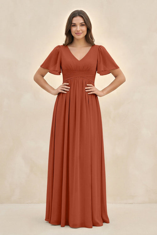 Short Sleeve Chiffon V - Neck A - Line Bridesmaid Dress in Spice - SHE IS ME Bridesmaid Dresses