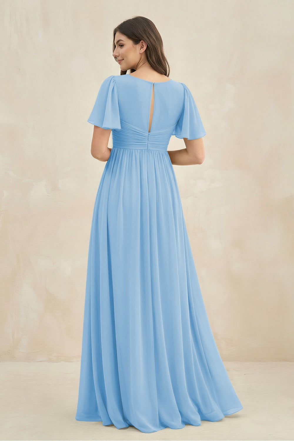Short Sleeve Chiffon V - Neck A - Line Bridesmaid Dress in Steel Blue - KISS BRIDAL Bridesmaid Dresses