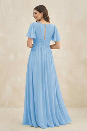 Short Sleeve Chiffon V - Neck A - Line Bridesmaid Dress in Steel Blue - SHE IS ME Bridesmaid Dresses