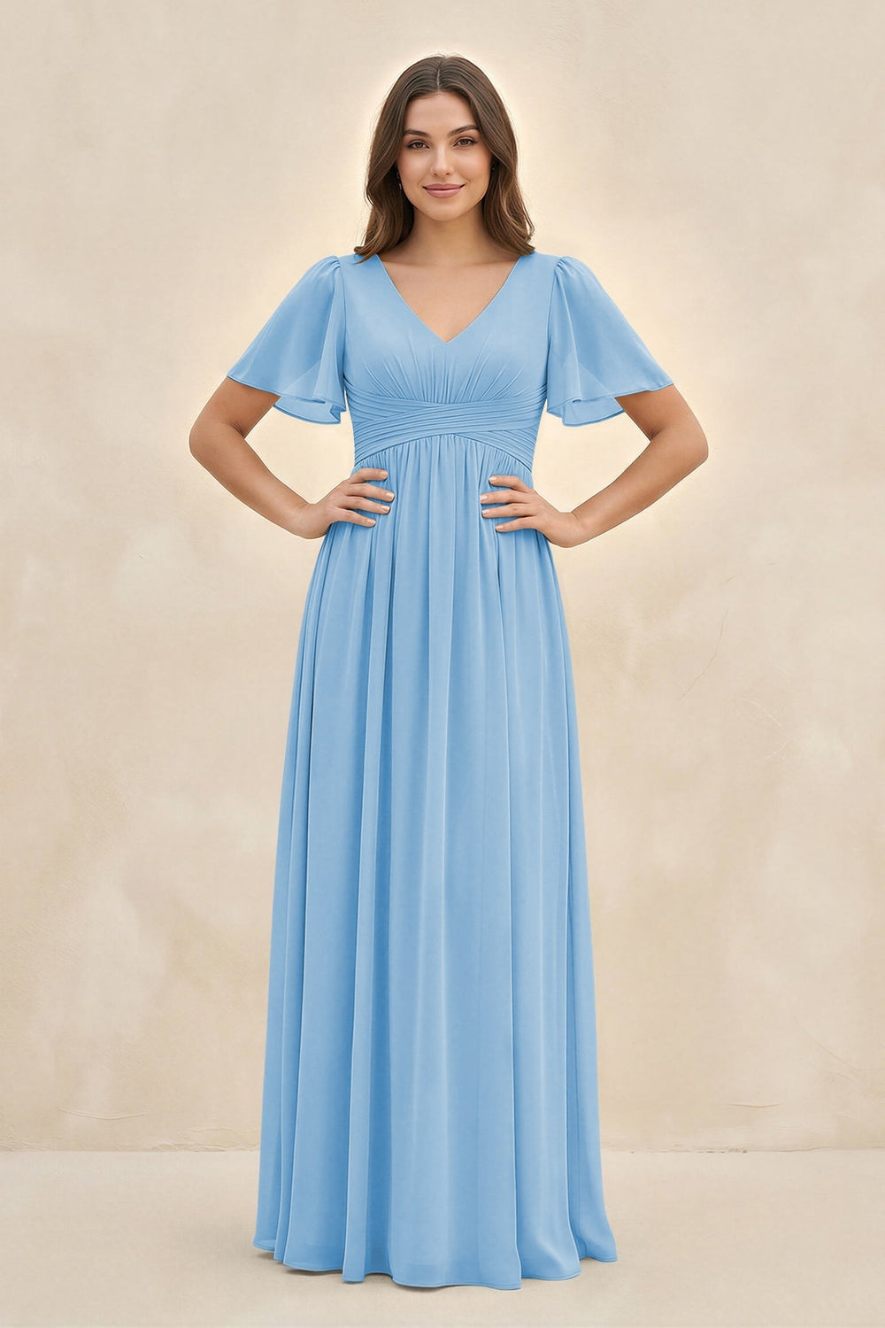 Short Sleeve Chiffon V - Neck A - Line Bridesmaid Dress in Steel Blue - KISS BRIDAL Bridesmaid Dresses