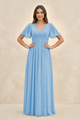 Short Sleeve Chiffon V - Neck A - Line Bridesmaid Dress in Steel Blue - KISS BRIDAL Bridesmaid Dresses