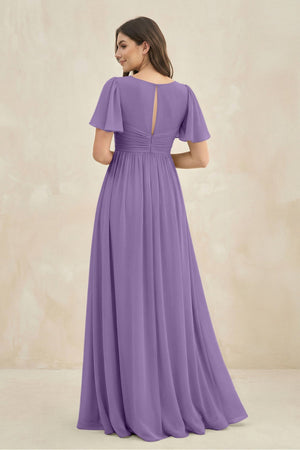 Short Sleeve Chiffon V - Neck A - Line Bridesmaid Dress in Tahiti - SHE IS ME Bridesmaid Dresses