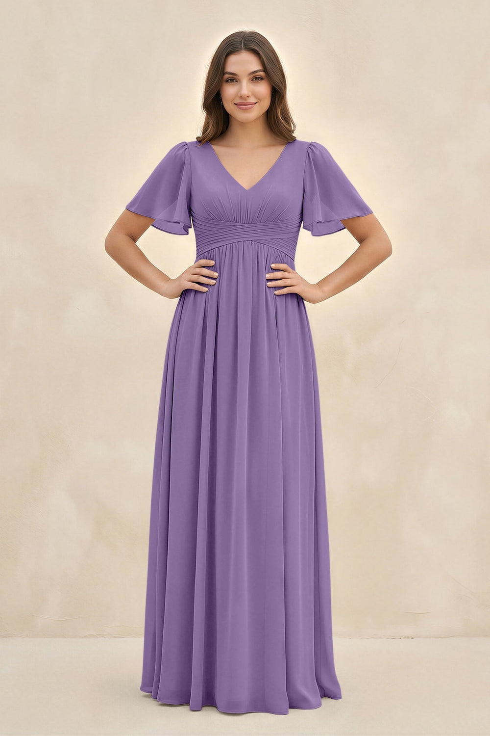 Short Sleeve Chiffon V - Neck A - Line Bridesmaid Dress in Tahiti - KISS BRIDAL Bridesmaid Dresses