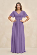 Short Sleeve Chiffon V - Neck A - Line Bridesmaid Dress in Tahiti - SHE IS ME Bridesmaid Dresses