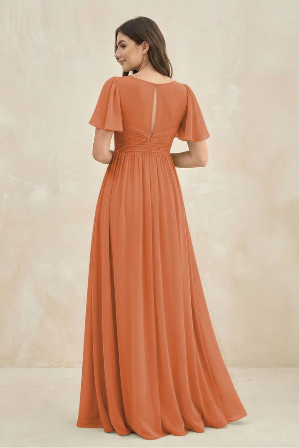 Short Sleeve Chiffon V - Neck A - Line Bridesmaid Dress in Terracotta - SHE IS ME Bridesmaid Dresses