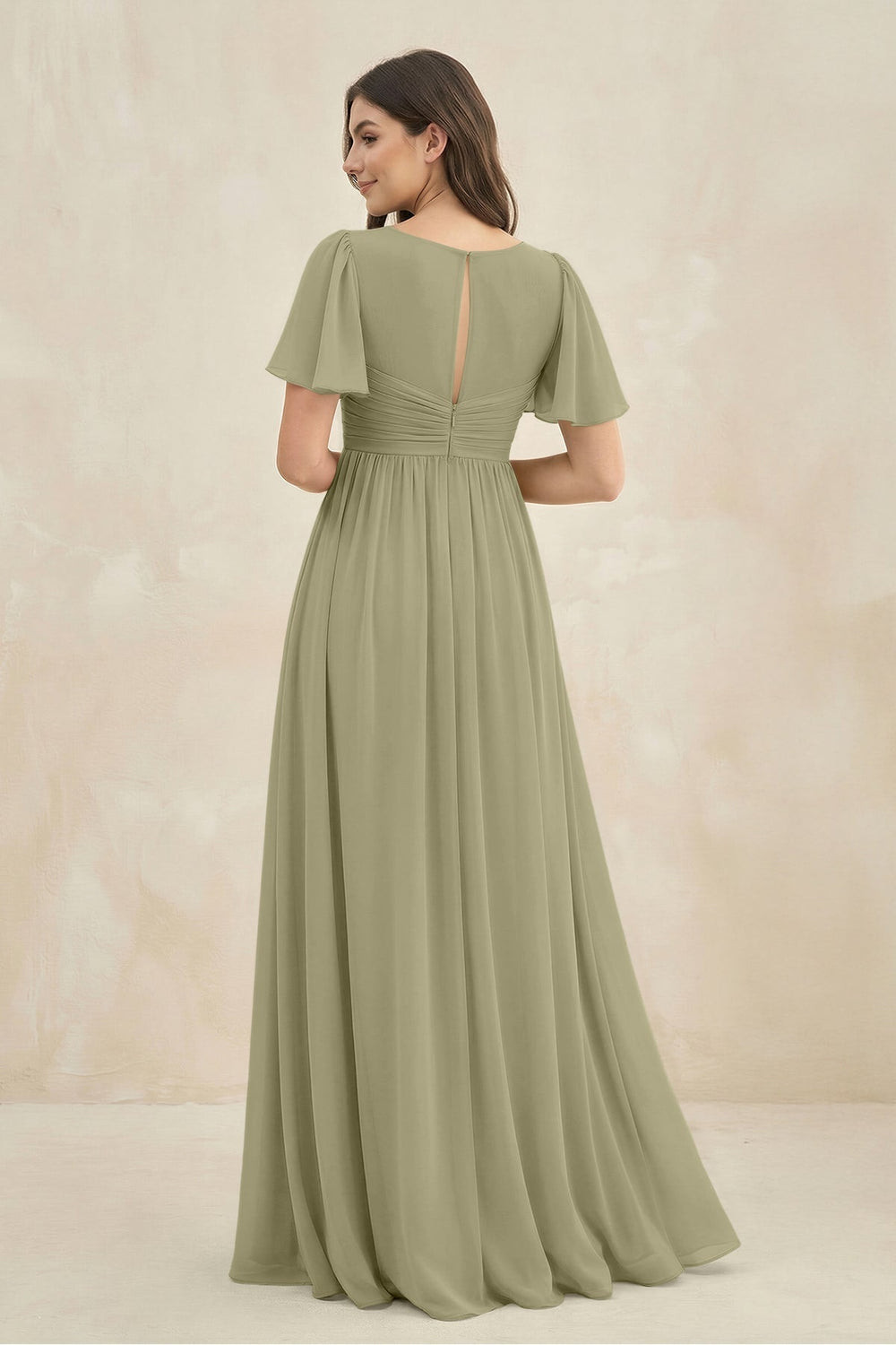 Short Sleeve Chiffon V - Neck A - Line Bridesmaid Dress in Thyme - KISS BRIDAL Bridesmaid Dresses