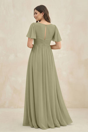 Short Sleeve Chiffon V - Neck A - Line Bridesmaid Dress in Thyme - SHE IS ME Bridesmaid Dresses