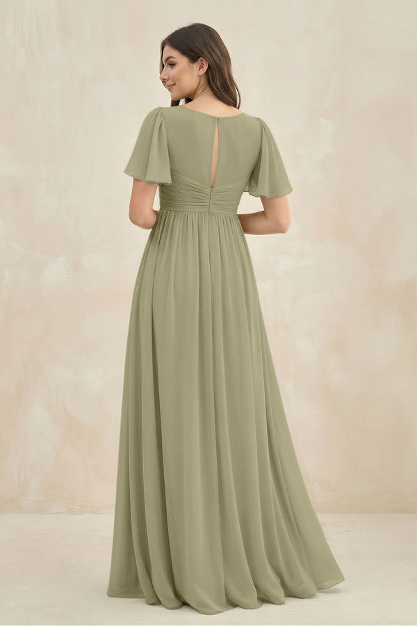 Short Sleeve Chiffon V - Neck A - Line Bridesmaid Dress in Thyme - SHE IS ME Bridesmaid Dresses