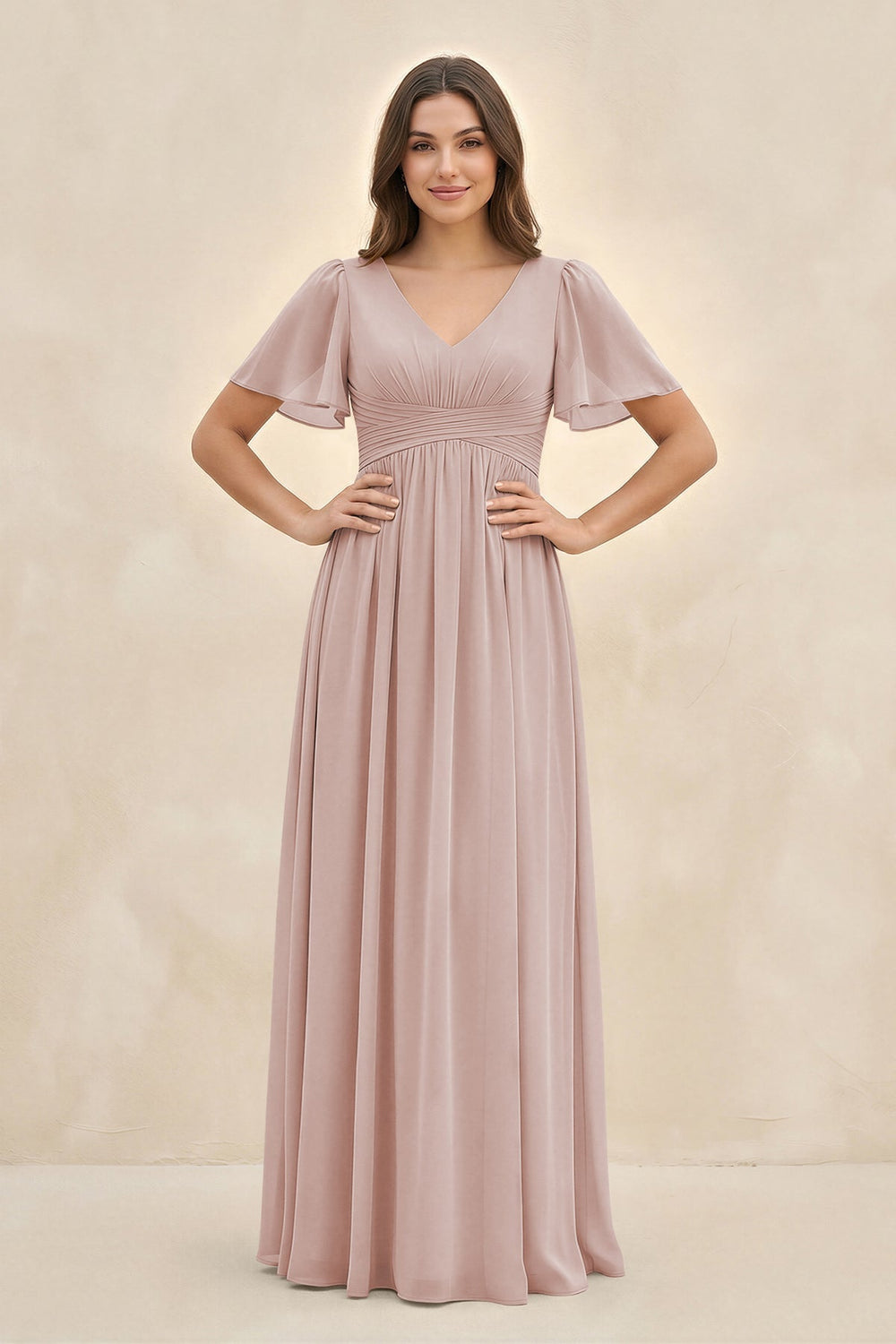 Short Sleeve Chiffon V - Neck A - Line Bridesmaid Dress in Toffee - KISS BRIDAL Bridesmaid Dresses