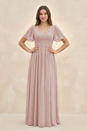 Short Sleeve Chiffon V - Neck A - Line Bridesmaid Dress in Toffee - SHE IS ME Bridesmaid Dresses