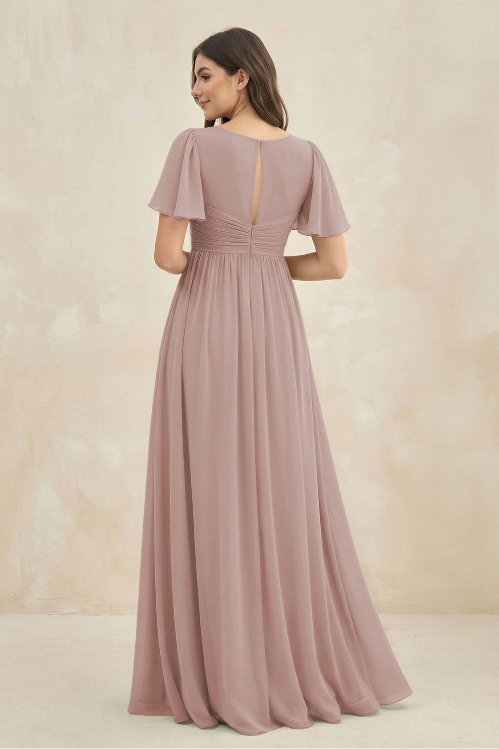 Short Sleeve Chiffon V-Neck A-Line Bridesmaid Dress in Toffee