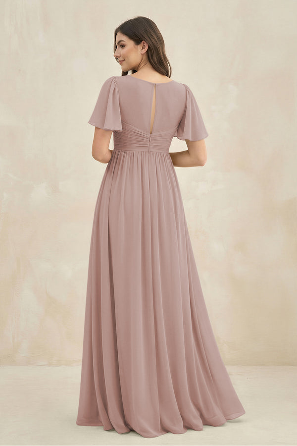 Short Sleeve Chiffon V-Neck A-Line Bridesmaid Dress in Toffee (2) | KISSBRIDAL
