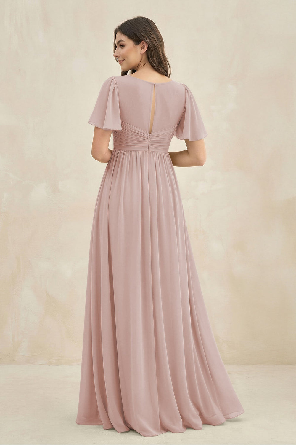 Short Sleeve Chiffon V - Neck A - Line Bridesmaid Dress in Toffee - KISS BRIDAL Bridesmaid Dresses