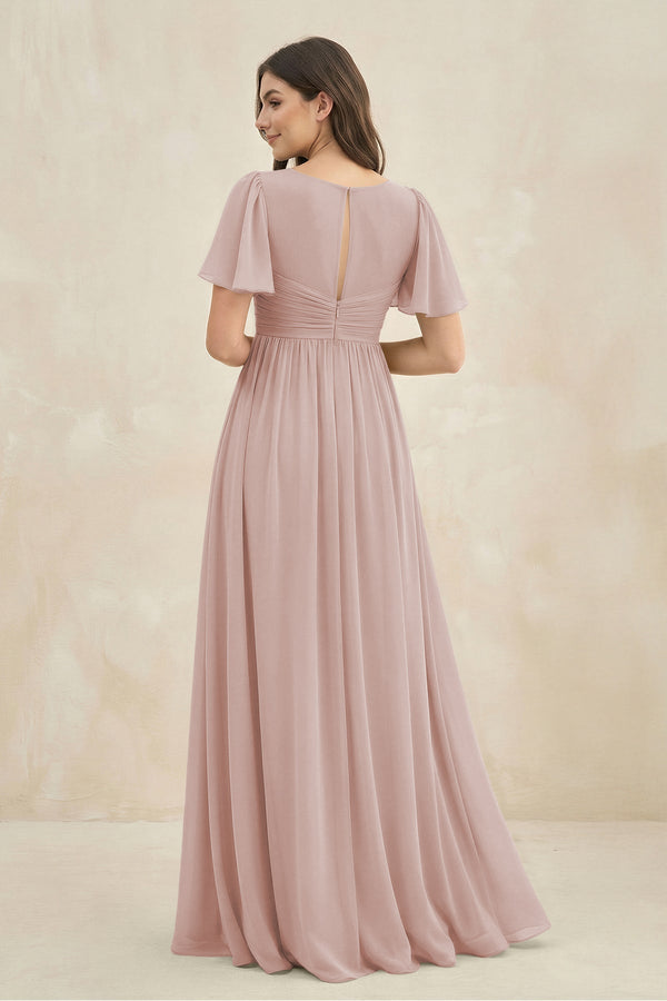 Short Sleeve Chiffon V - Neck A - Line Bridesmaid Dress in Toffee - SHE IS ME Bridesmaid Dresses