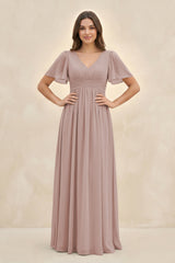 Short Sleeve Chiffon V-Neck A-Line Bridesmaid Dress in Toffee | KISSBRIDAL