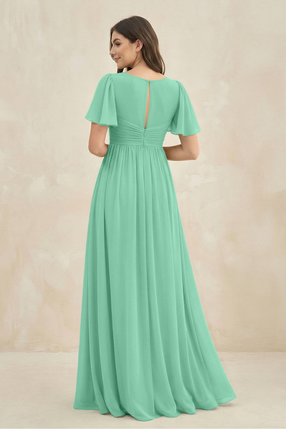 Short Sleeve Chiffon V - Neck A - Line Bridesmaid Dress in Turquoise - KISS BRIDAL Bridesmaid Dresses
