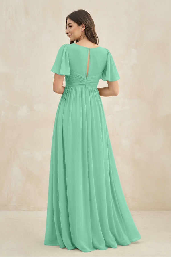 Short Sleeve Chiffon V - Neck A - Line Bridesmaid Dress in Turquoise - SHE IS ME Bridesmaid Dresses
