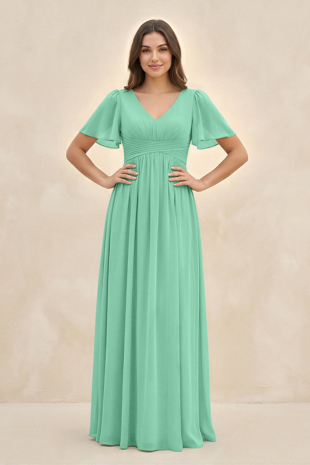 Short Sleeve Chiffon V - Neck A - Line Bridesmaid Dress in Turquoise - KISS BRIDAL Bridesmaid Dresses