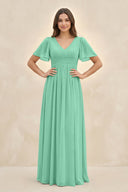Short Sleeve Chiffon V - Neck A - Line Bridesmaid Dress in Turquoise - SHE IS ME Bridesmaid Dresses