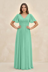 Short Sleeve Chiffon V - Neck A - Line Bridesmaid Dress in Turquoise - KISS BRIDAL Bridesmaid Dresses