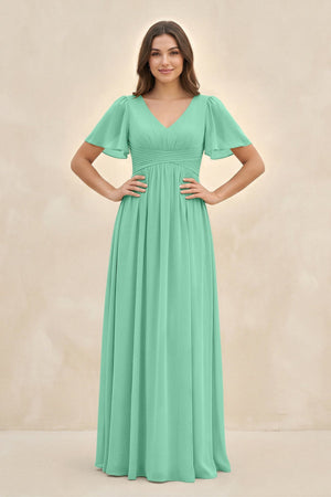 Short Sleeve Chiffon V - Neck A - Line Bridesmaid Dress in Turquoise - SHE IS ME Bridesmaid Dresses