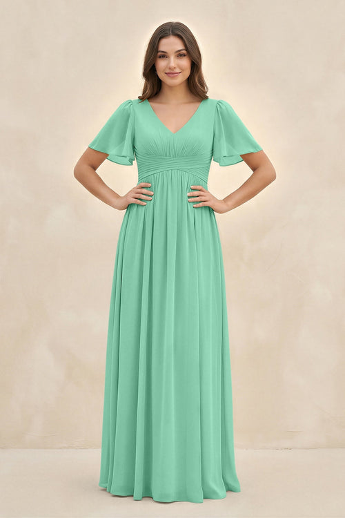 Short Sleeve Chiffon V - Neck A - Line Bridesmaid Dress in Turquoise - SHE IS ME Bridesmaid Dresses