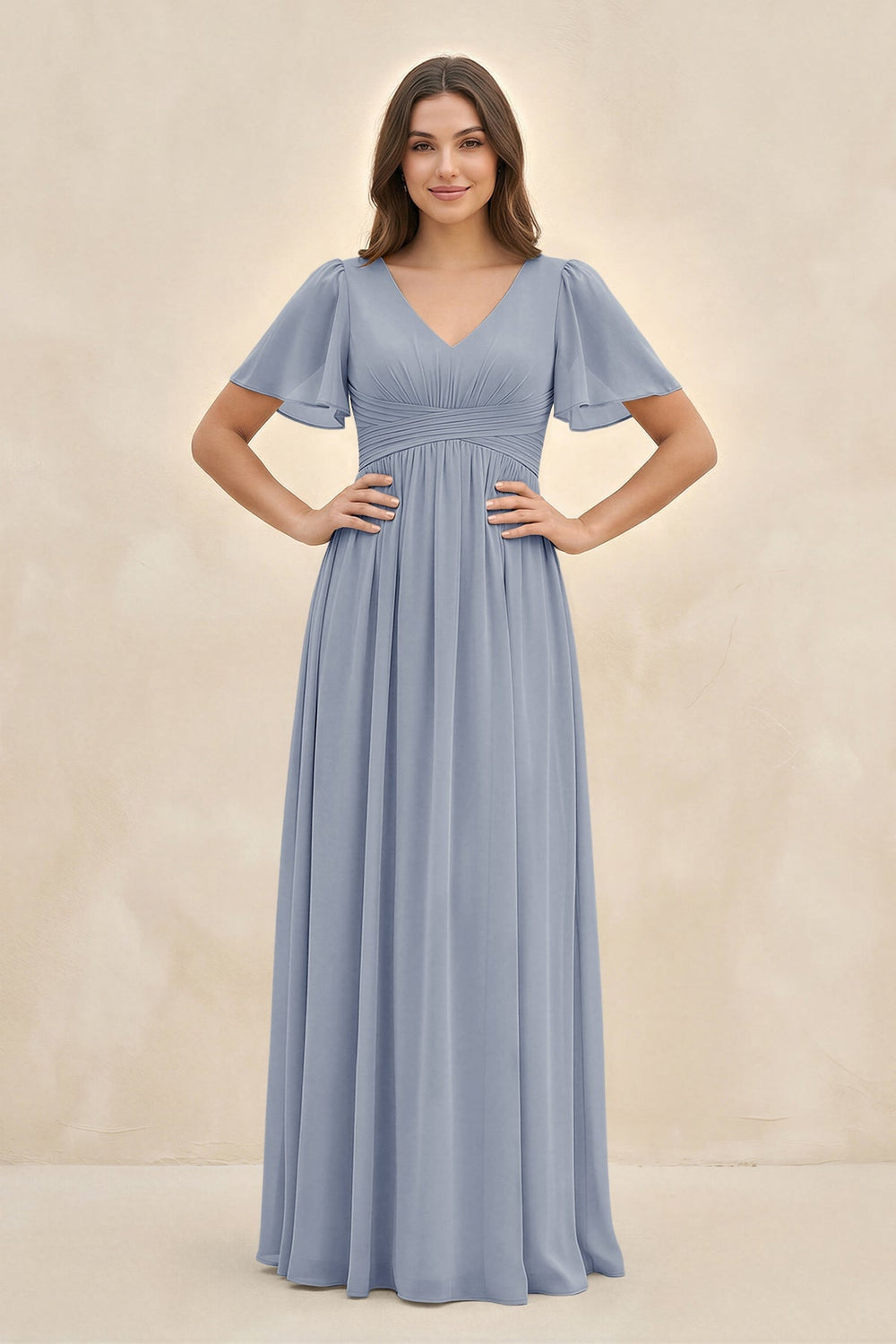 Short Sleeve Chiffon V - Neck A - Line Bridesmaid Dress in Twilight - KISS BRIDAL Bridesmaid Dresses