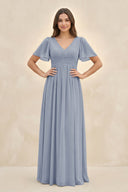 Short Sleeve Chiffon V - Neck A - Line Bridesmaid Dress in Twilight - SHE IS ME Bridesmaid Dresses