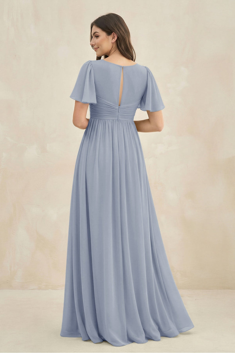 Short Sleeve Chiffon V - Neck A - Line Bridesmaid Dress in Twilight - KISS BRIDAL Bridesmaid Dresses