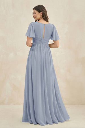 Short Sleeve Chiffon V - Neck A - Line Bridesmaid Dress in Twilight - SHE IS ME Bridesmaid Dresses