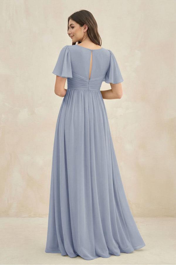 Short Sleeve Chiffon V - Neck A - Line Bridesmaid Dress in Twilight - SHE IS ME Bridesmaid Dresses