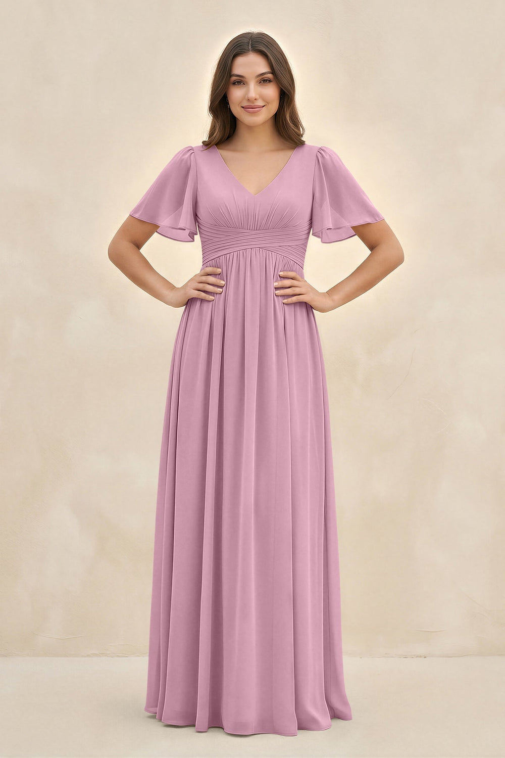 Short Sleeve Chiffon V - Neck A - Line Bridesmaid Dress in Vintage Mauve - KISS BRIDAL Bridesmaid Dresses