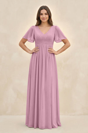 Short Sleeve Chiffon V - Neck A - Line Bridesmaid Dress in Vintage Mauve - SHE IS ME Bridesmaid Dresses