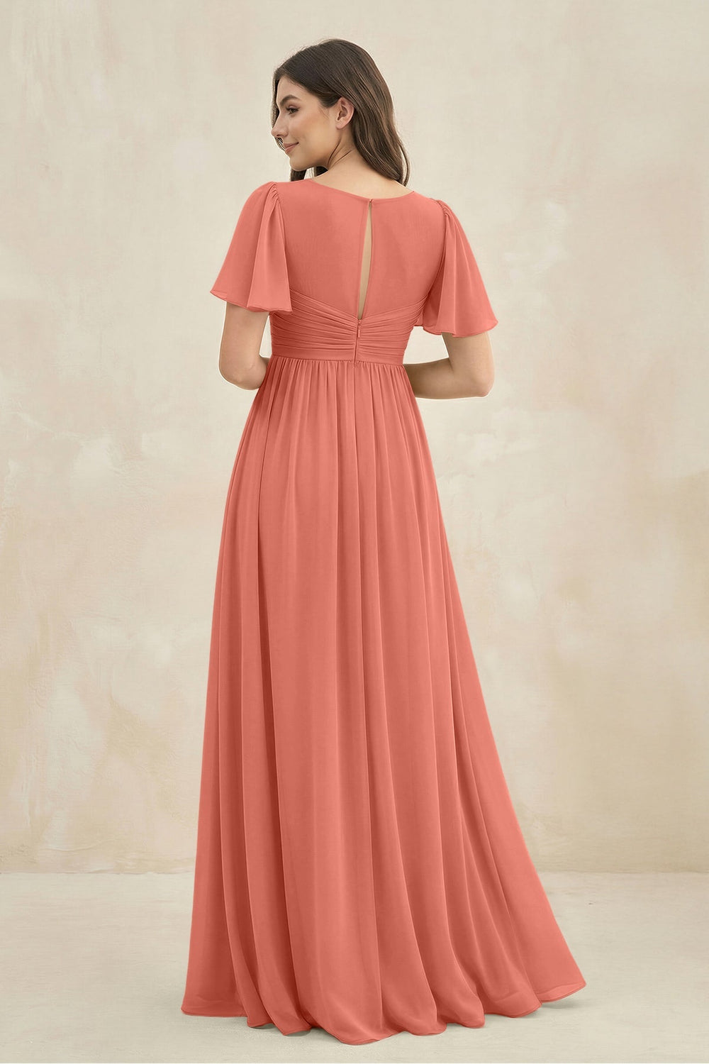 Short Sleeve Chiffon V - Neck A - Line Bridesmaid Dress in Wild Rose - KISS BRIDAL Bridesmaid Dresses