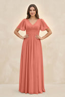 Short Sleeve Chiffon V - Neck A - Line Bridesmaid Dress in Wild Rose - SHE IS ME Bridesmaid Dresses