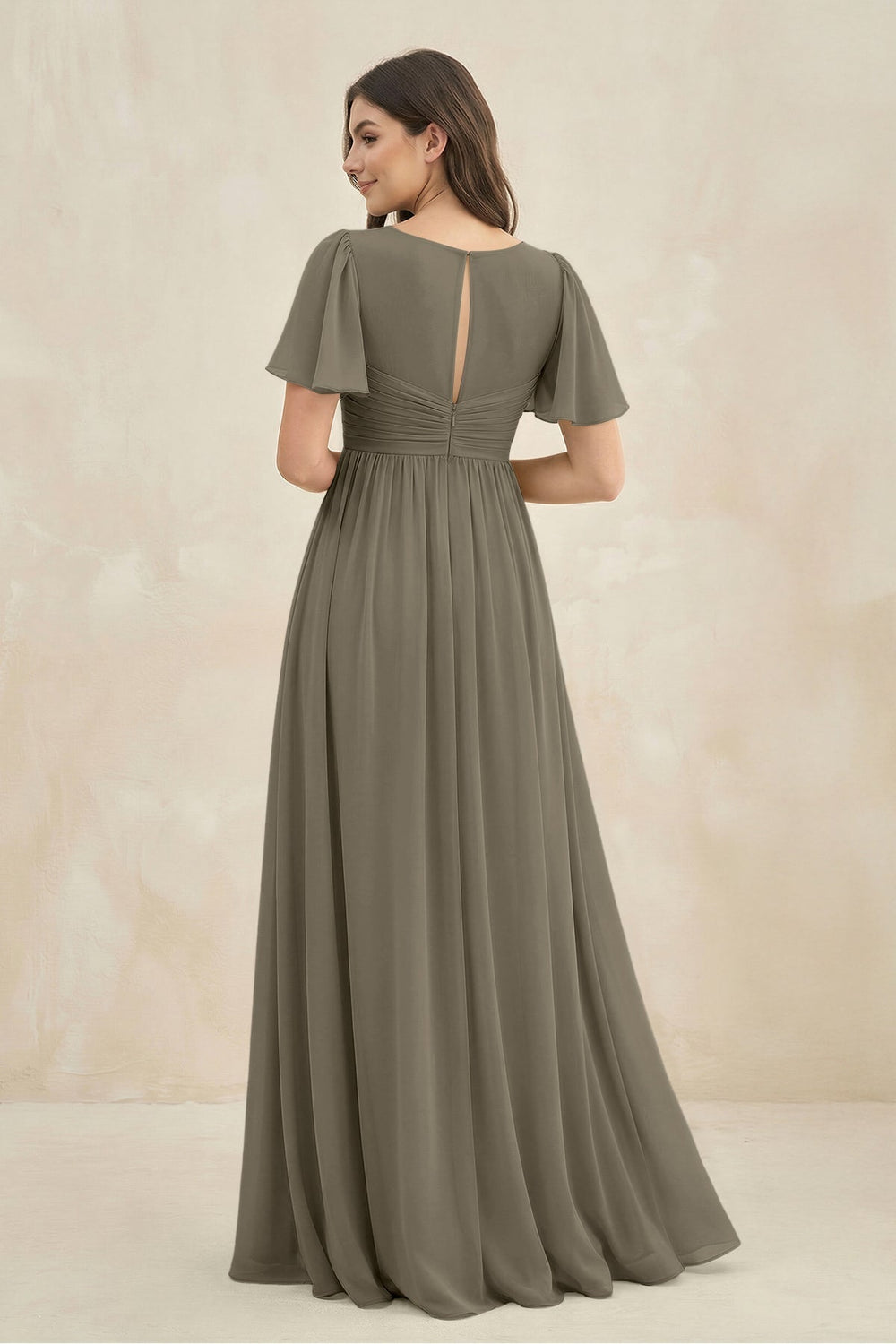 Short Sleeve Chiffon V - Neck A - Line Bridesmaid Dress in Willow Green - KISS BRIDAL Bridesmaid Dresses