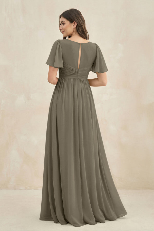 Short Sleeve Chiffon V - Neck A - Line Bridesmaid Dress in Willow Green - SHE IS ME Bridesmaid Dresses