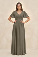 Short Sleeve Chiffon V - Neck A - Line Bridesmaid Dress in Willow Green - SHE IS ME Bridesmaid Dresses