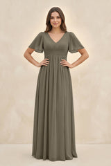 Short Sleeve Chiffon V - Neck A - Line Bridesmaid Dress in Willow Green - KISS BRIDAL Bridesmaid Dresses