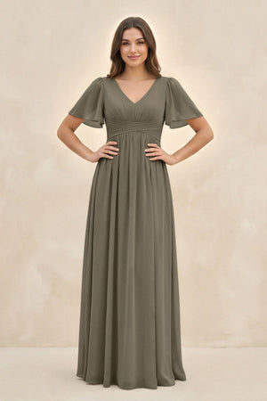 Short Sleeve Chiffon V - Neck A - Line Bridesmaid Dress in Willow Green - SHE IS ME Bridesmaid Dresses