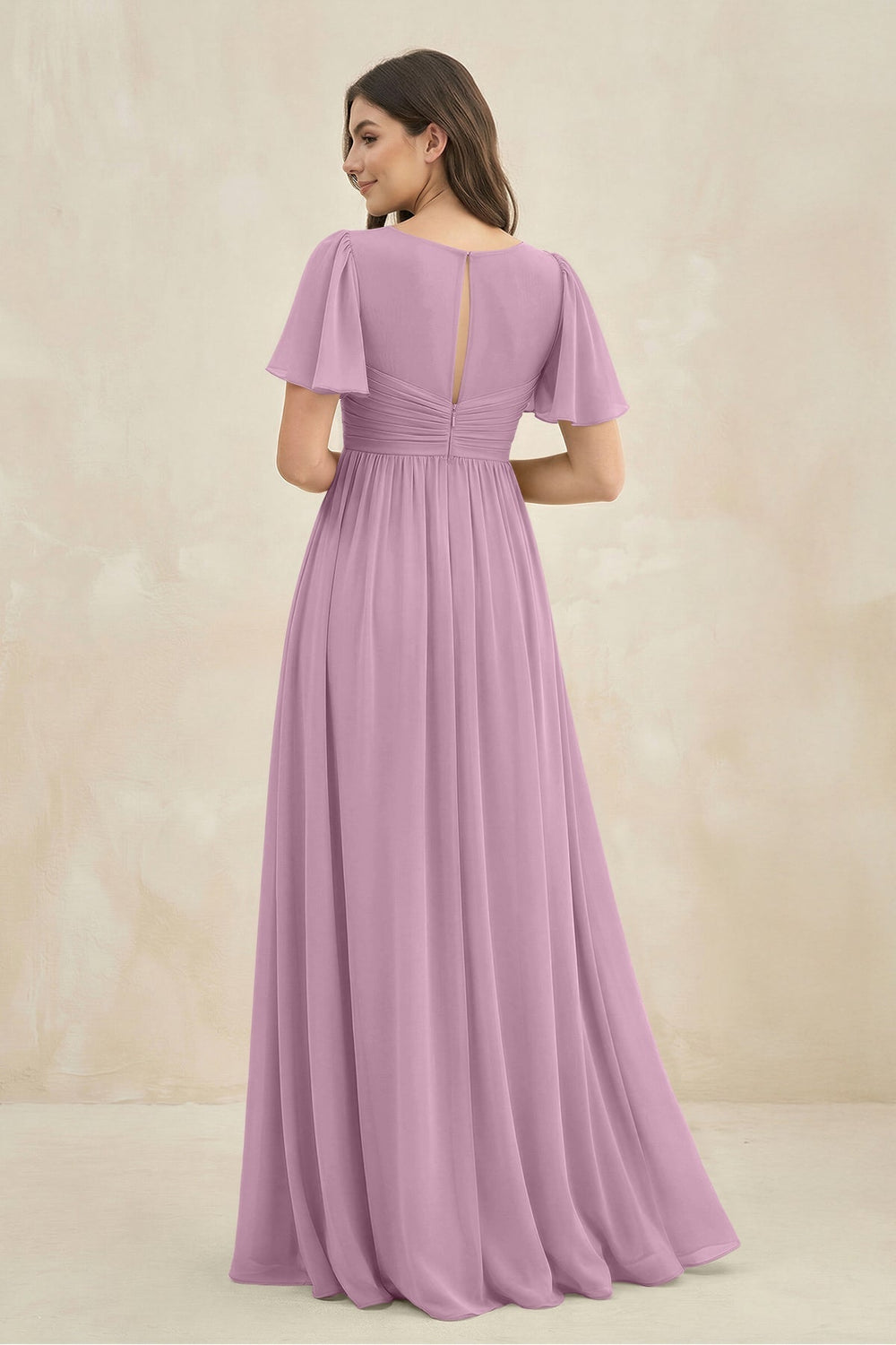 Short Sleeve Chiffon V - Neck A - Line Bridesmaid Dress in Wisteria - KISS BRIDAL Bridesmaid Dresses