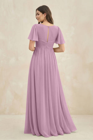 Short Sleeve Chiffon V - Neck A - Line Bridesmaid Dress in Wisteria - SHE IS ME Bridesmaid Dresses